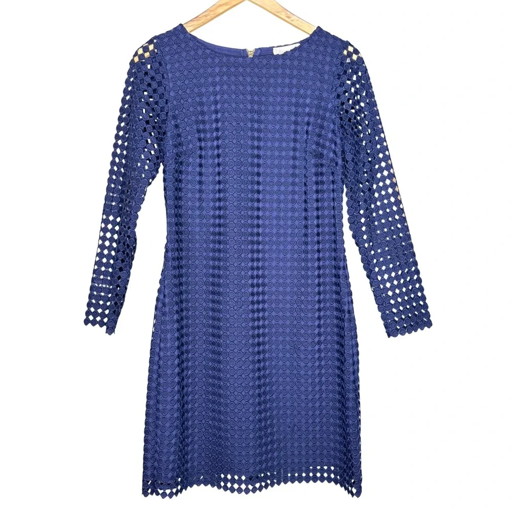 Sail to Sable Navy Blue Circle Lace Long Sleeve Shift Dress Mini Size 4 - Picture 2 of 13